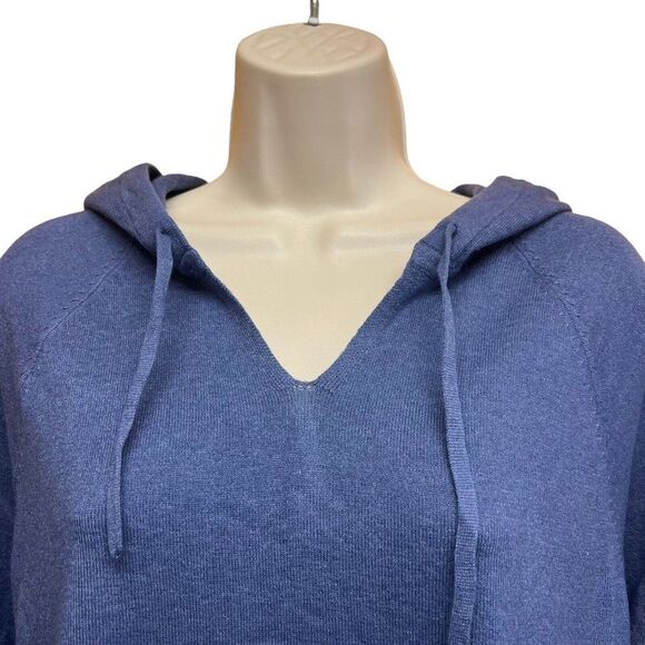 Denim & Co Sweater Honey Knit Hooded Split Neck Indigo Blue M A463329 NWOT - Picture 2 of 9